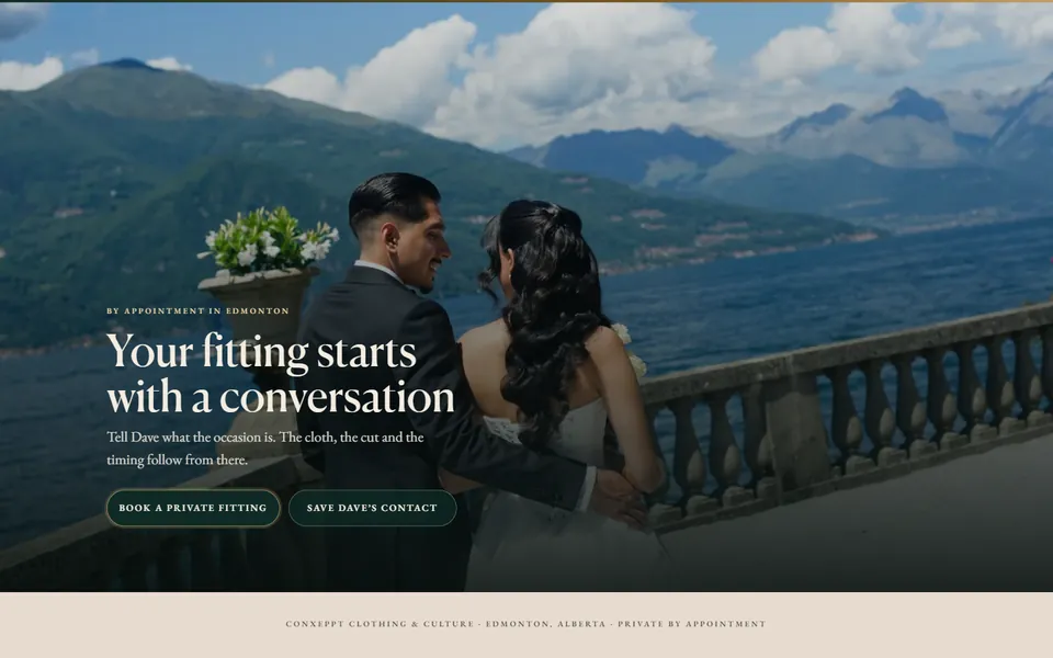 The foot of Dave's card page: Book a private fitting and Save Dave's contact over a Lake Como wedding photo