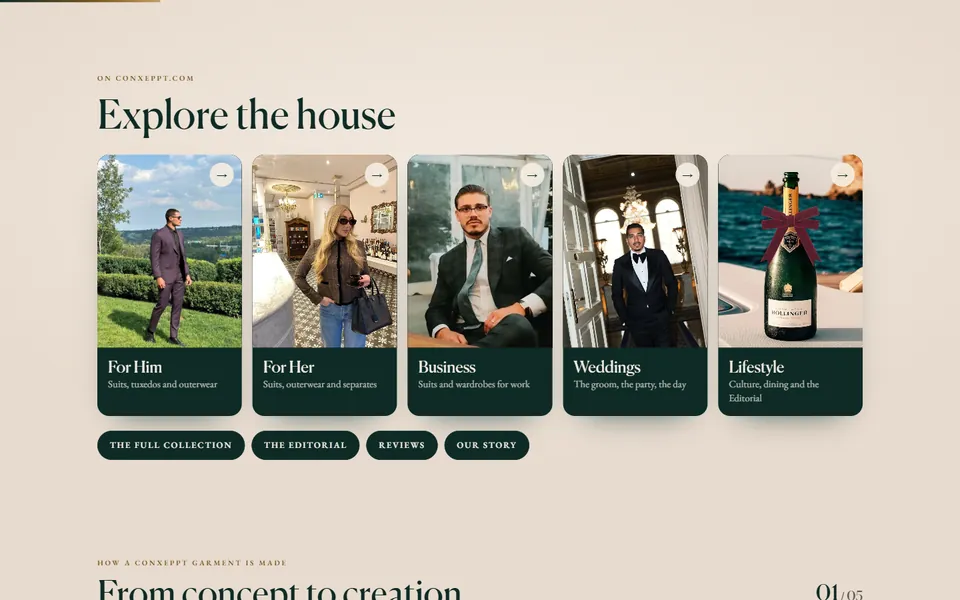 Dave's card page scrolled to Explore the house: photo links to For Him, For Her, Business, Weddings and Lifestyle