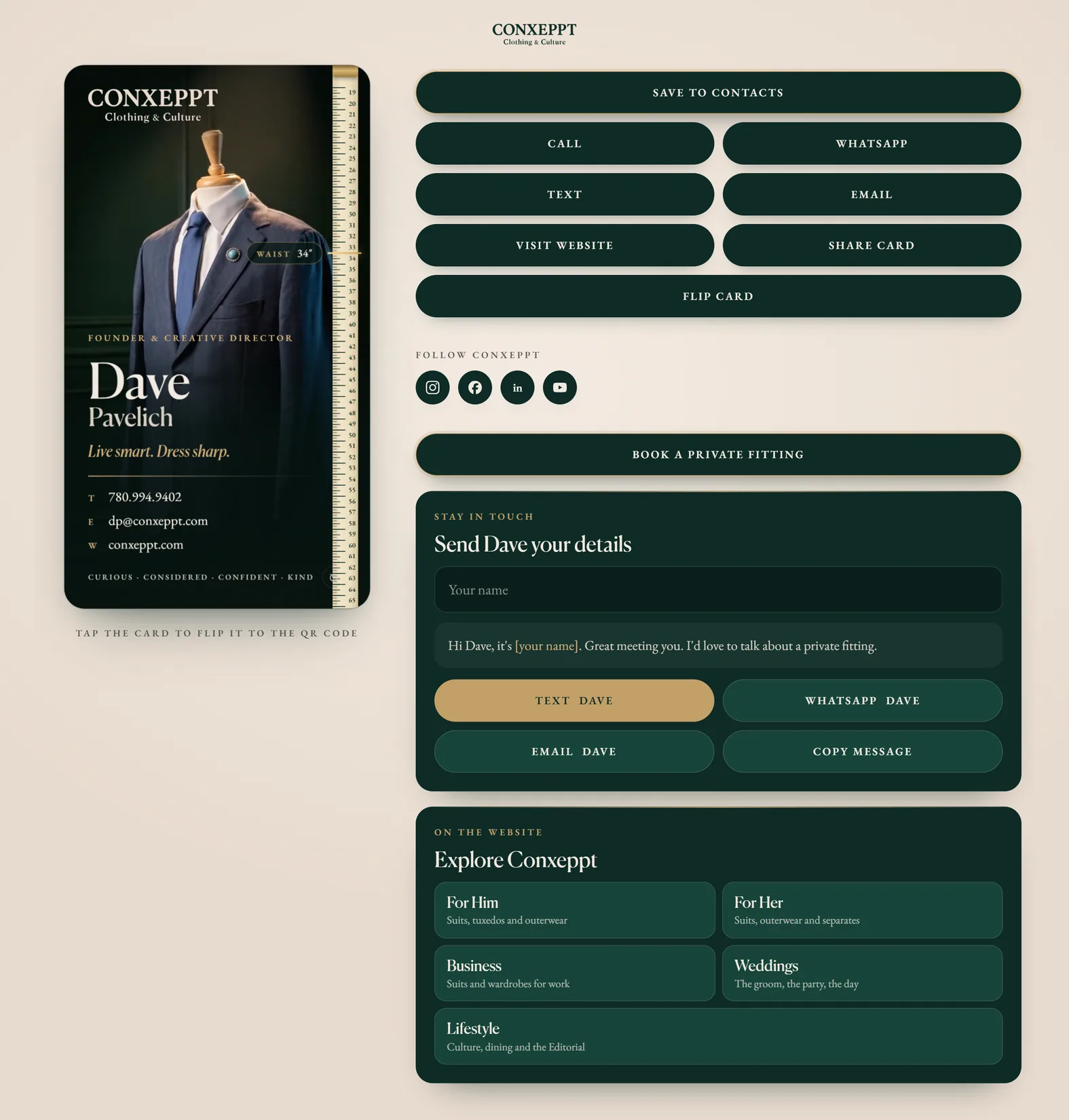 Dave Pavelich's Orbit Card for Conxeppt in a desktop browser: the animated card on the left, and on the right Save to contacts, Call, WhatsApp, Text, Email, Visit website, Share card, Flip card, his social links, Book a private fitting, a Stay in touch message form and Explore Conxeppt page links