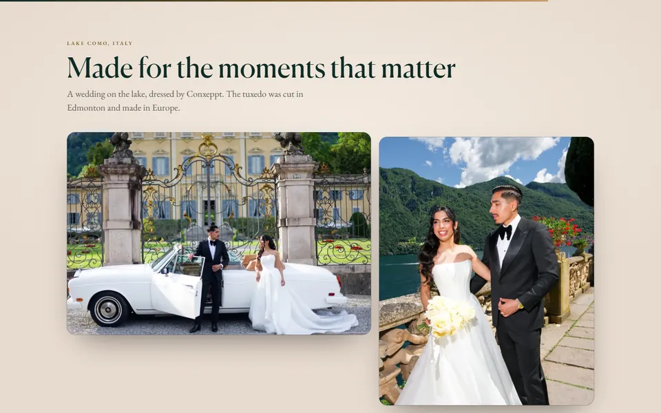 Dave's card page scrolled to Made for the moments that matter: a wedding on Lake Como