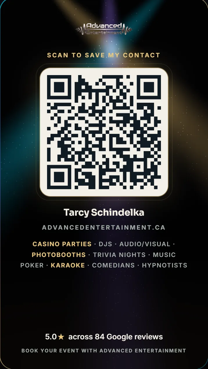 The back of Tarcy Schindelka's live card for Advanced Entertainment: its QR code, which saves the contact