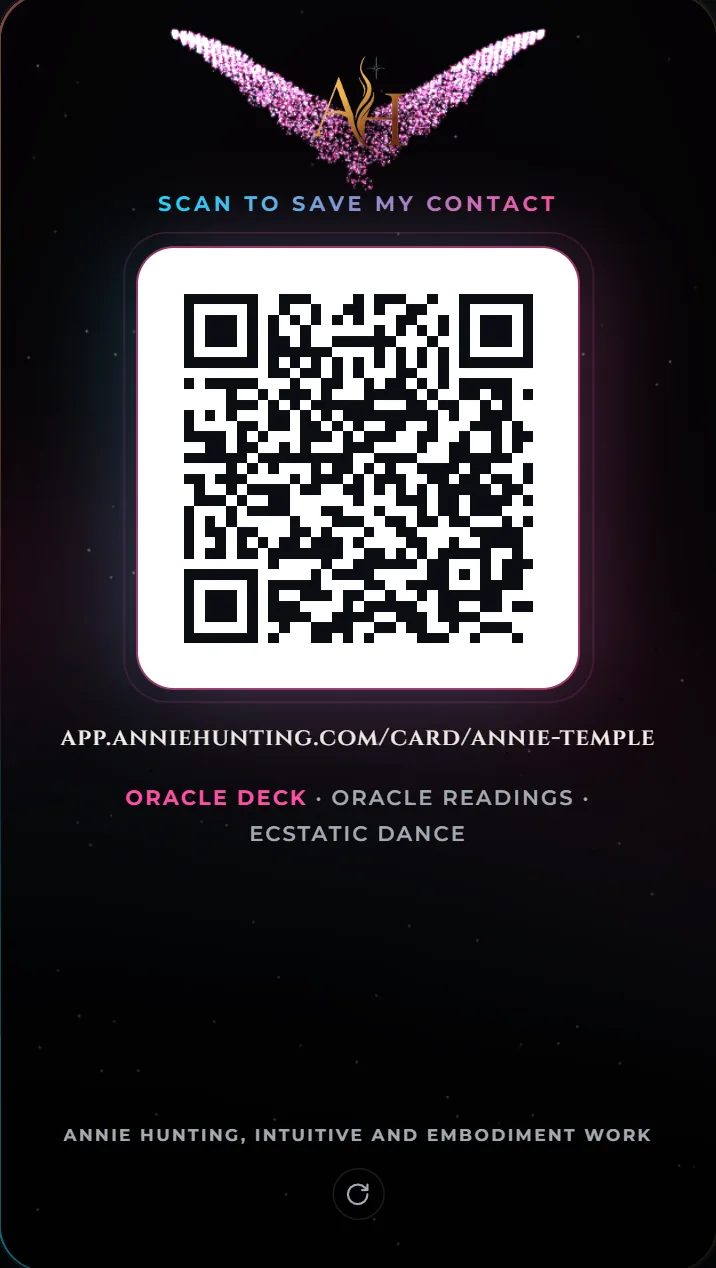The back of Annie Hunting's live card for her intuitive work: its QR code, which saves the contact