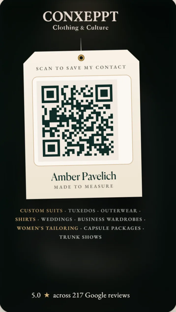 The back of Amber Pavelich's live card for Conxeppt: its QR code, which saves the contact