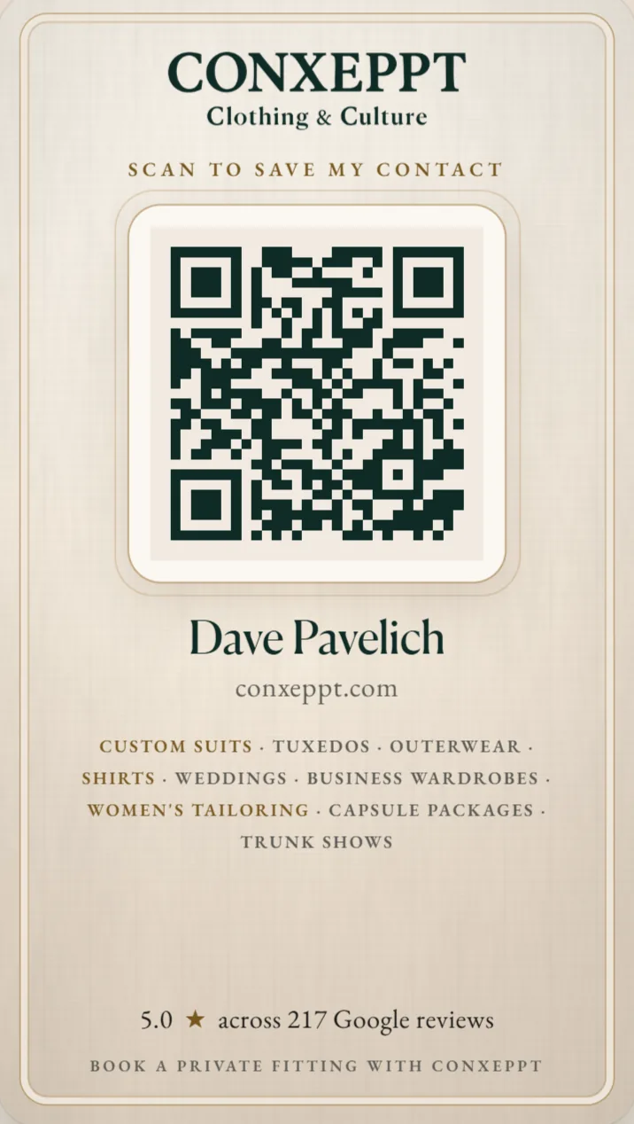 The back of Dave Pavelich's live card in Bone & Brass: its QR code, which saves the contact