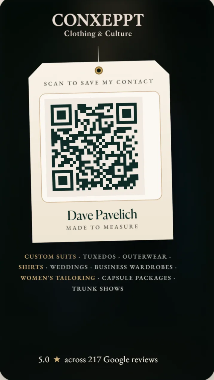 The back of Dave Pavelich's live card in The Fitting: its QR code, which saves the contact