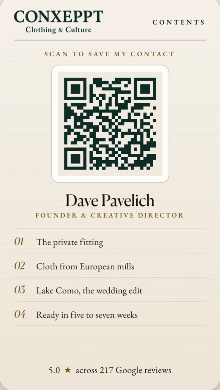The back of Dave Pavelich's live card in The Lookbook: its QR code, which saves the contact