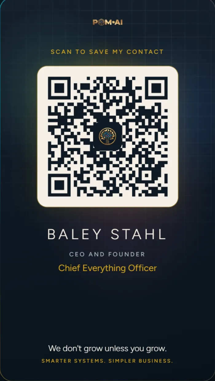 The back of Baley Stahl's live card for POM AI: its QR code, which saves the contact