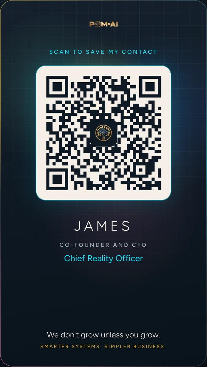 The back of James Williams's live card for POM AI: its QR code, which saves the contact