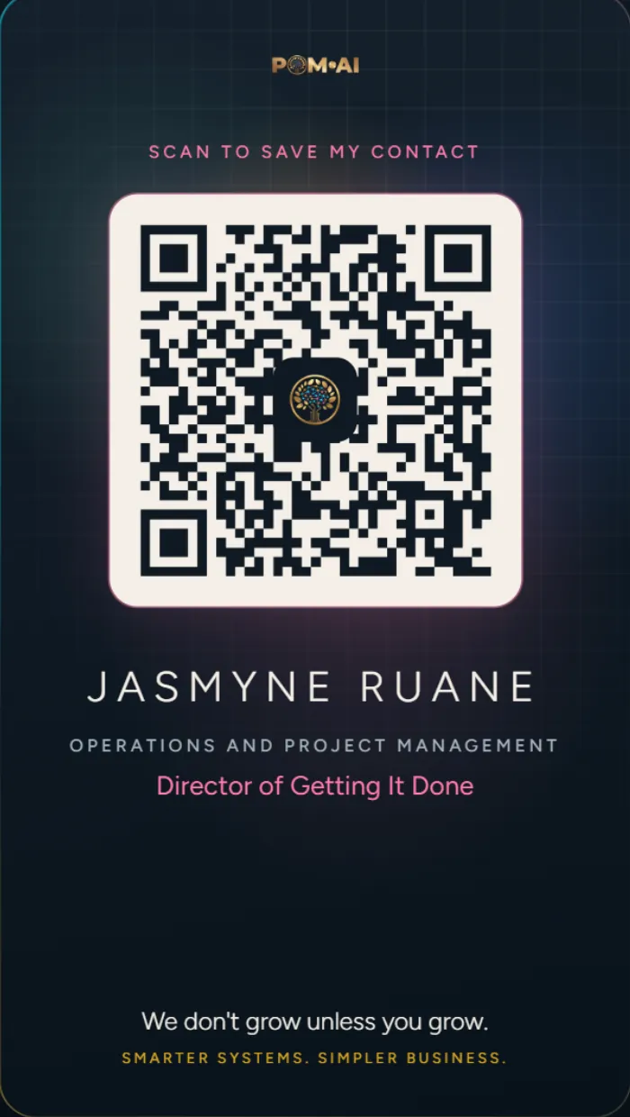 The back of Jasmyne Ruane's live card for POM AI: its QR code, which saves the contact