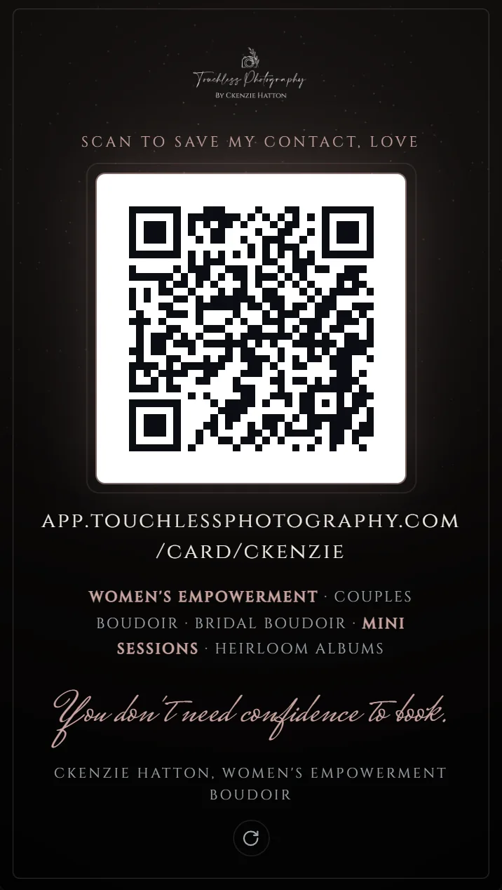 The back of Ckenzie Hatton's live card for Touchless Photography in The Camera: its QR code, which saves the contact