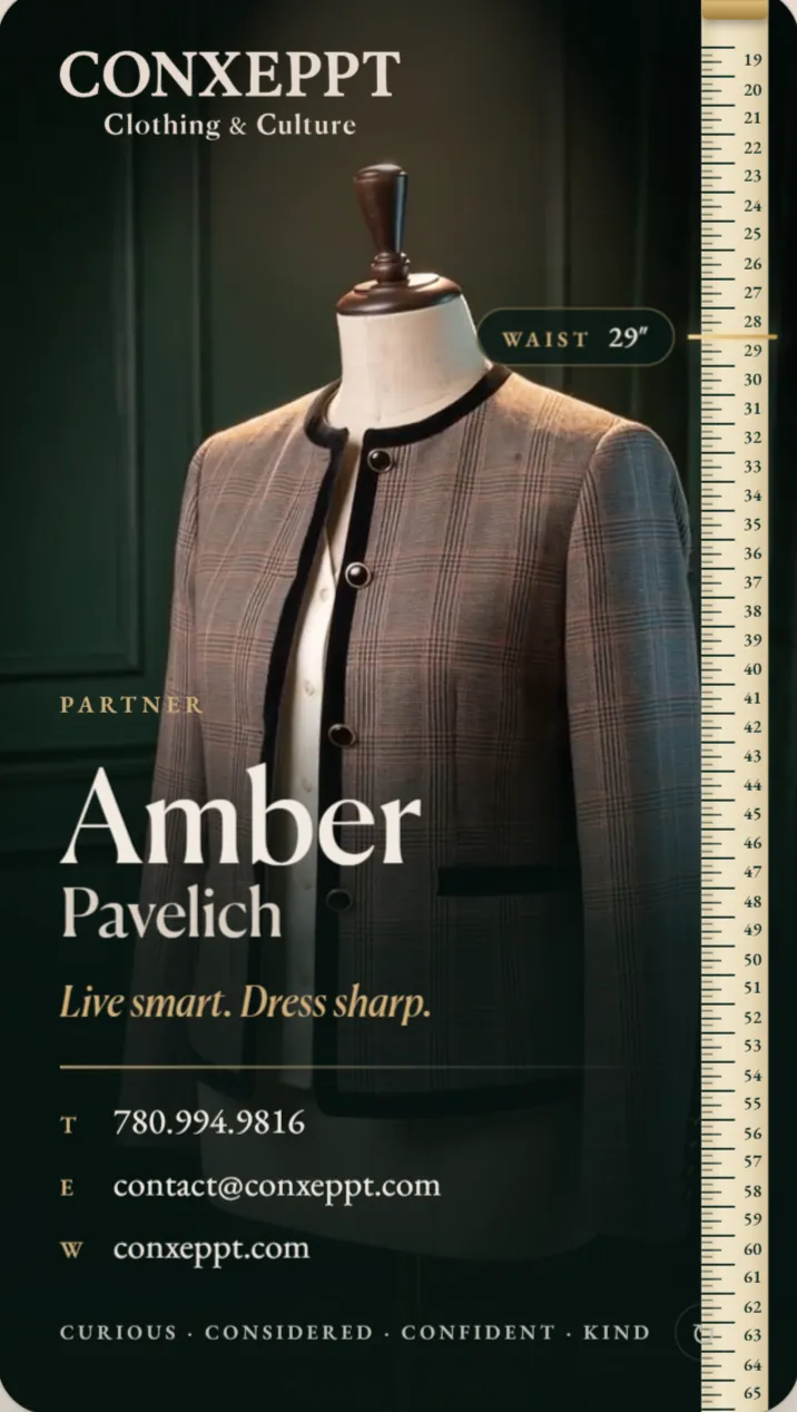 Amber Pavelich's Conxeppt card: a tailored jacket on a dress form beside a tape measure