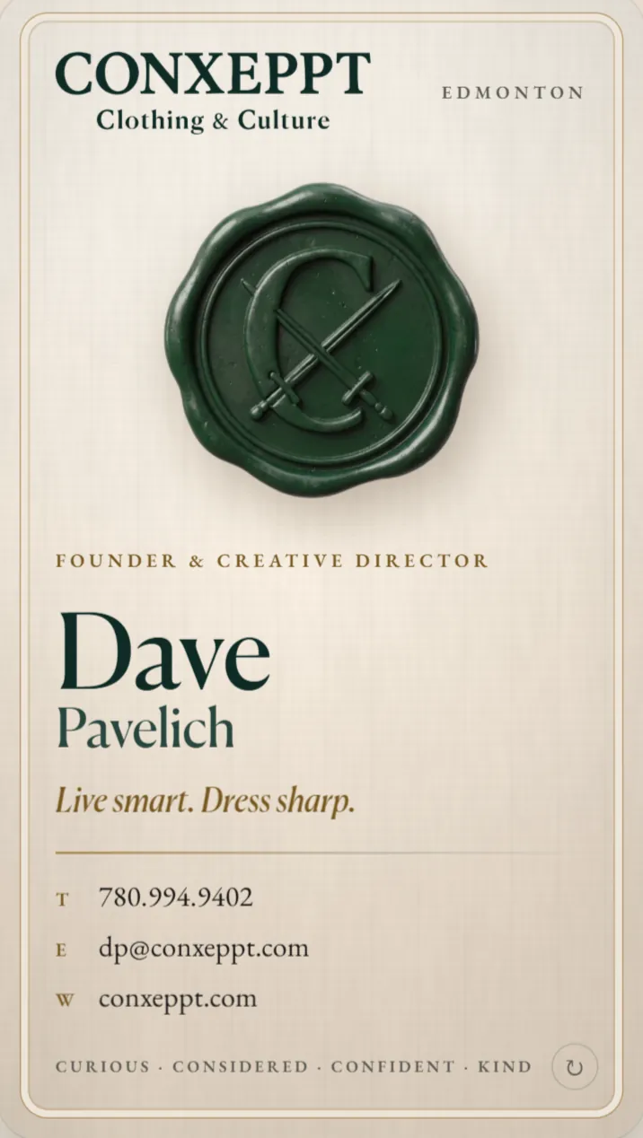 Dave Pavelich's Conxeppt card in the Bone & Brass style: a green wax seal on cream card stock