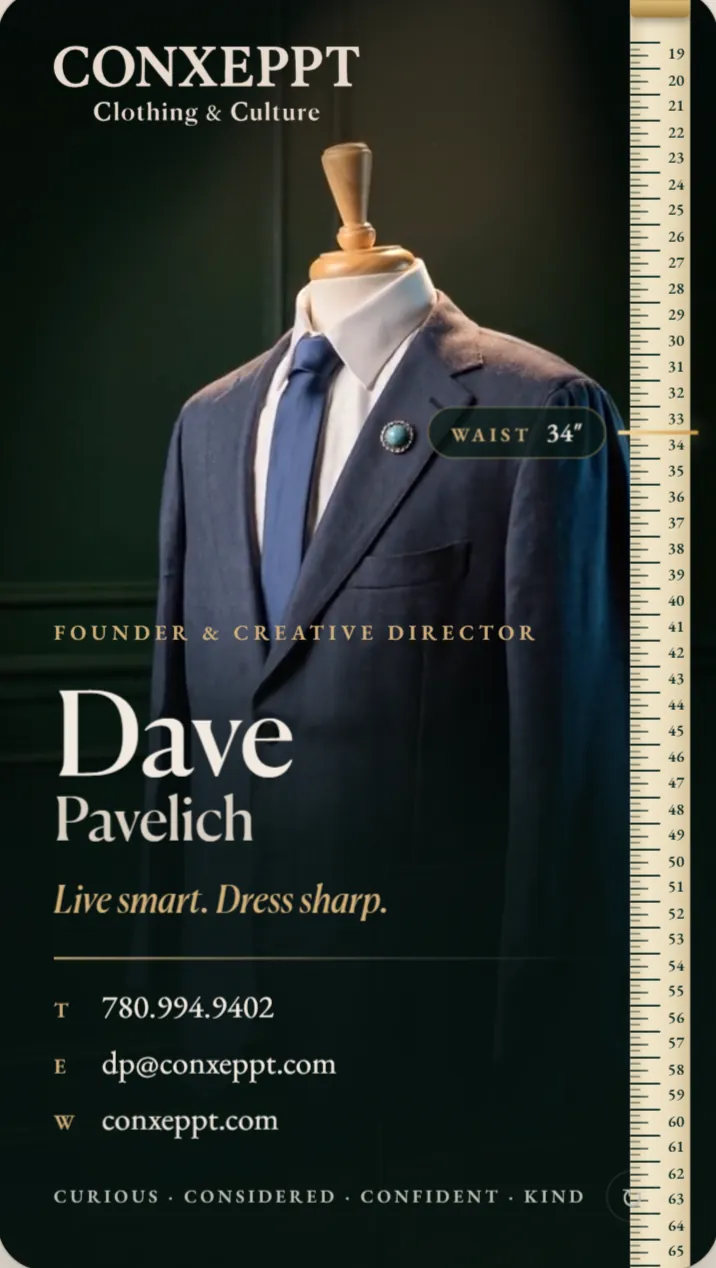 Orbit digital business card for Conxeppt in Edmonton, The Fitting: a navy suit turning on a tailor's form beside a tape measure
