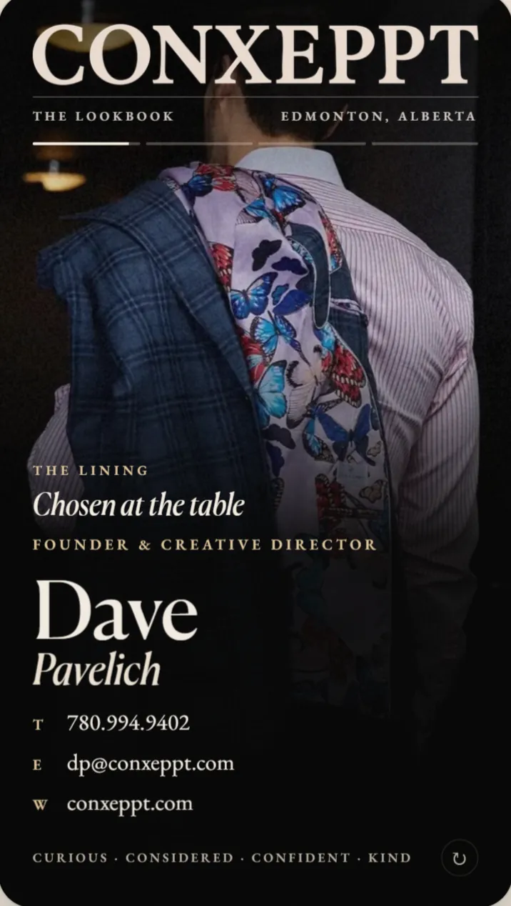 Dave's card in The Lookbook style: a patterned jacket lining under the Conxeppt wordmark