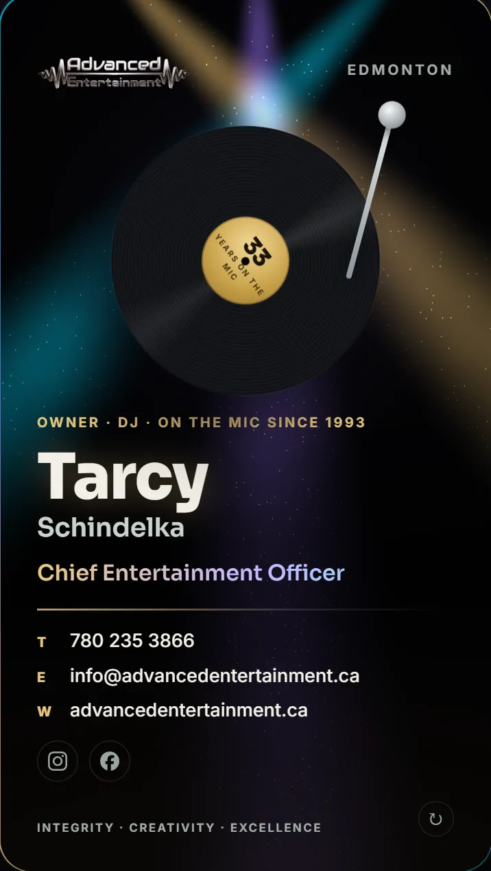 Tarcy Schindelka's card for Advanced Entertainment: a vinyl record under stage lights